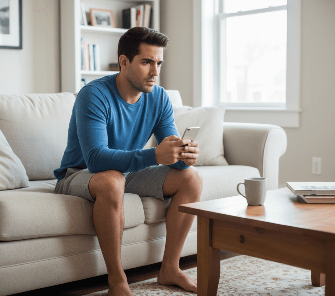 AI generated: The Hispanic male is 5'1" tall, he is seated up in his living room on the couch, the Hispanic male i...