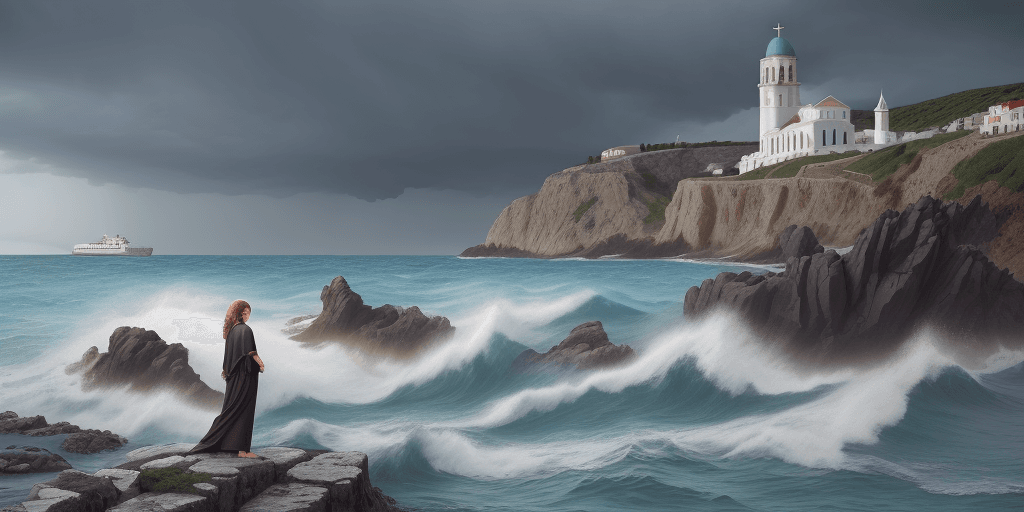 AI generated: woman, middle aged woman, greek woman, standing next to land, standing on sea, turbulent sea, woman ...