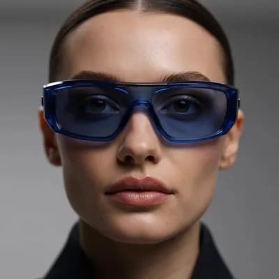 AI generated video: Fashion shoot, Jacquemus and Moncler collaboration: dark blue translucent futuristic sunglasses, hyp...