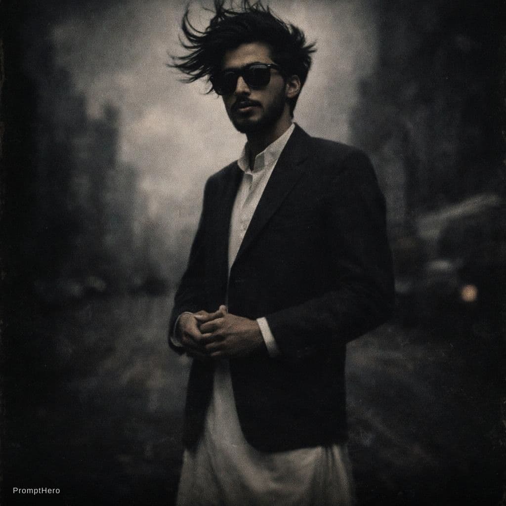 AI generated: a man with wild hair on a windy day, in the style of toy camera effects, haunting elegance, frozen m...