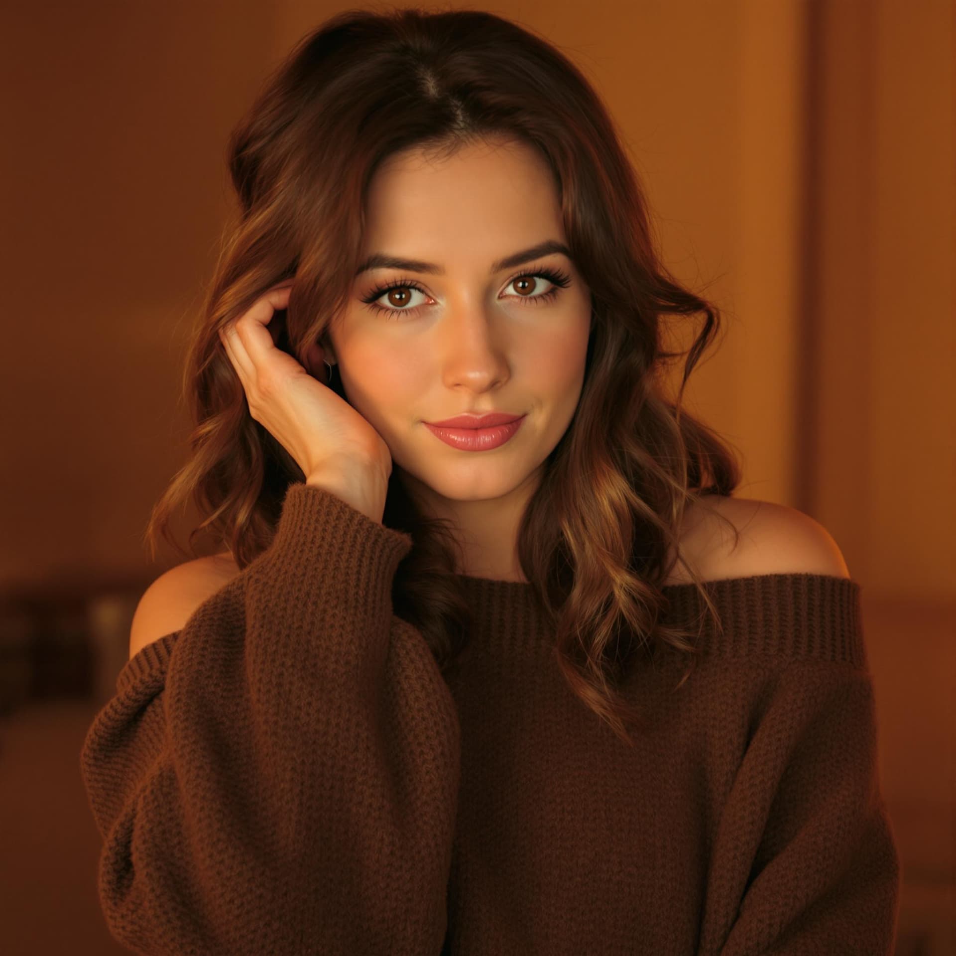 AI generated: A woman with wavy dark brown hair, wearing an off-shoulder oversized brown knit sweater. She gazes s...