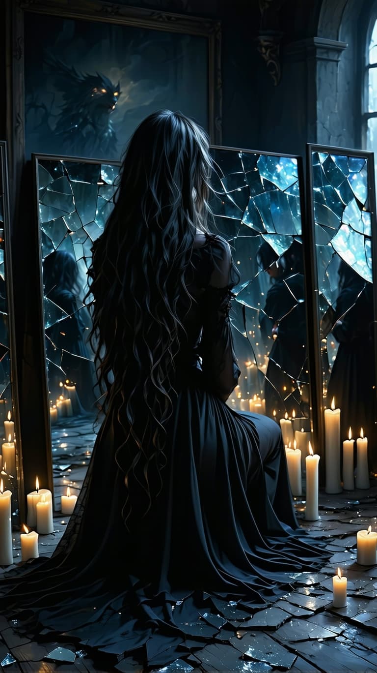 AI generated: A solitary female goth figure with long black wavy hair and bangs in a dark, candlelit room, surroun...