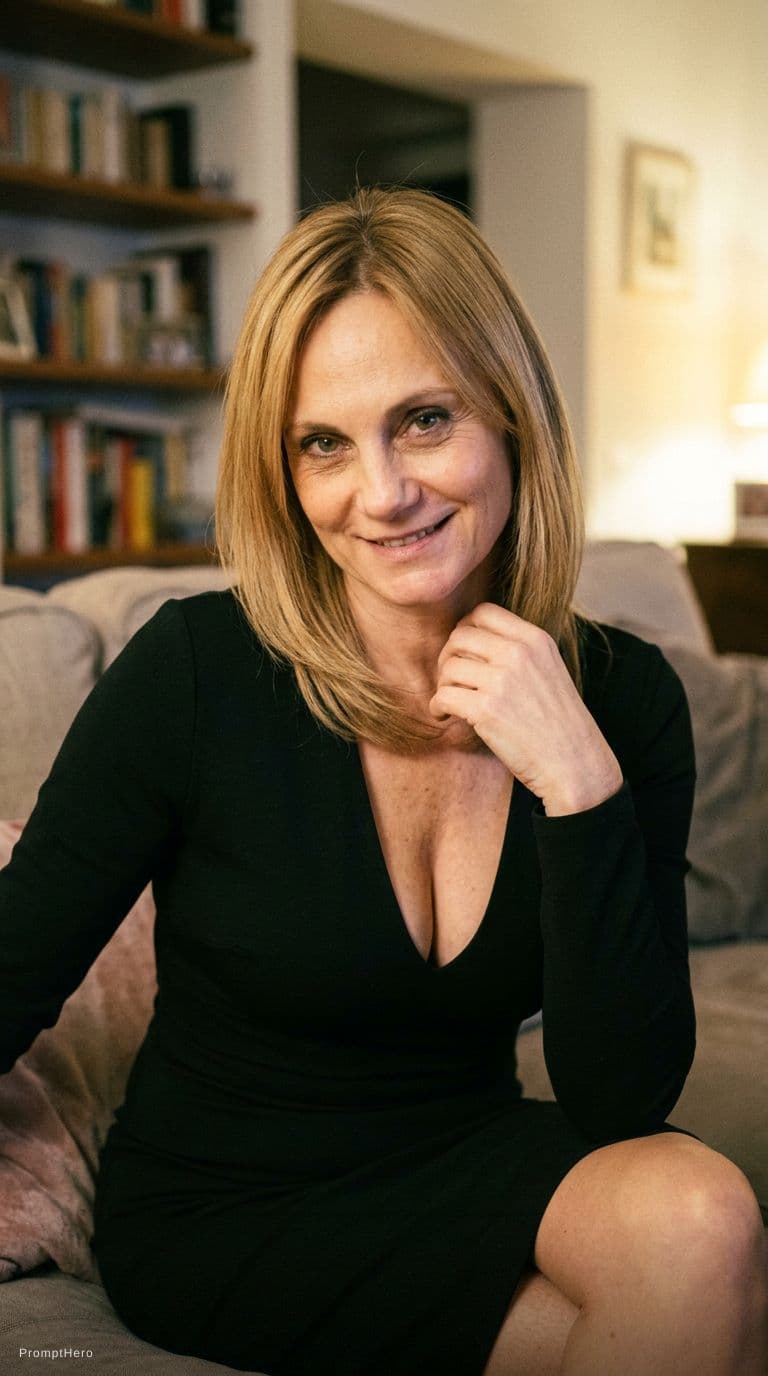 AI generated: wearing same cleavage bodycon dress at home, teasing, keep original makeup and features in the uploa...
