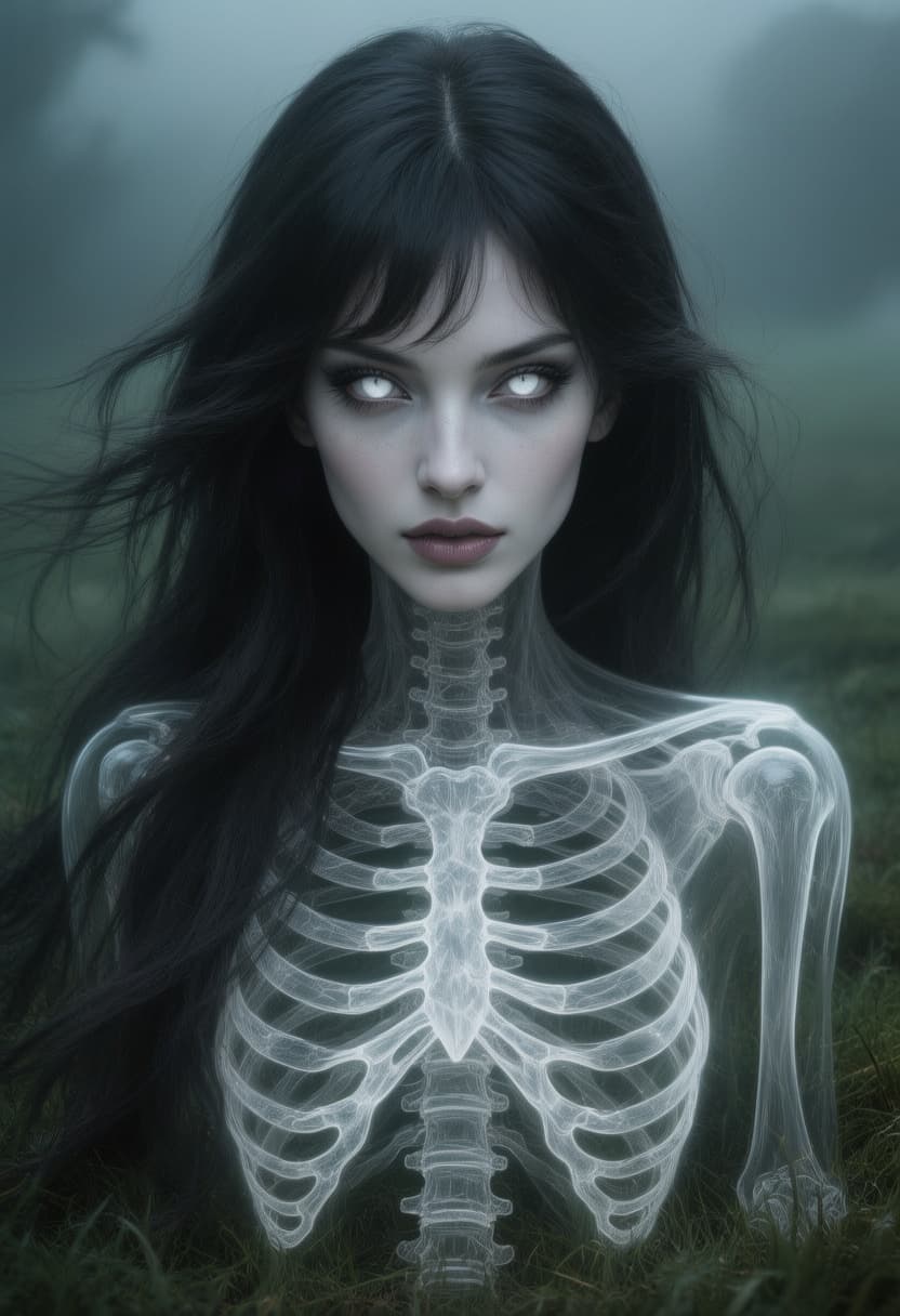 AI generated: create a portrait of a beautiful striking girl, laying on grass behind a dark foggy green scenery th...