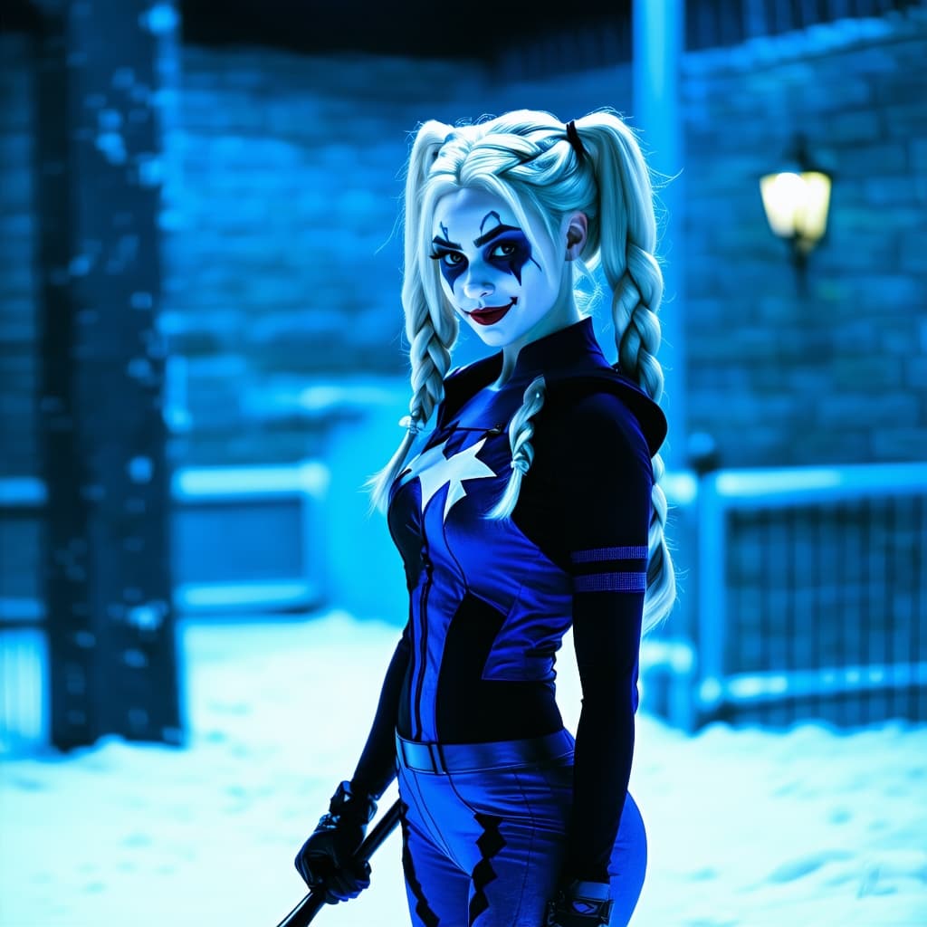 AI generated: A cross between Harley Quinn and Elsa from Frozen, Standing and posing with a baseball bat, The back...