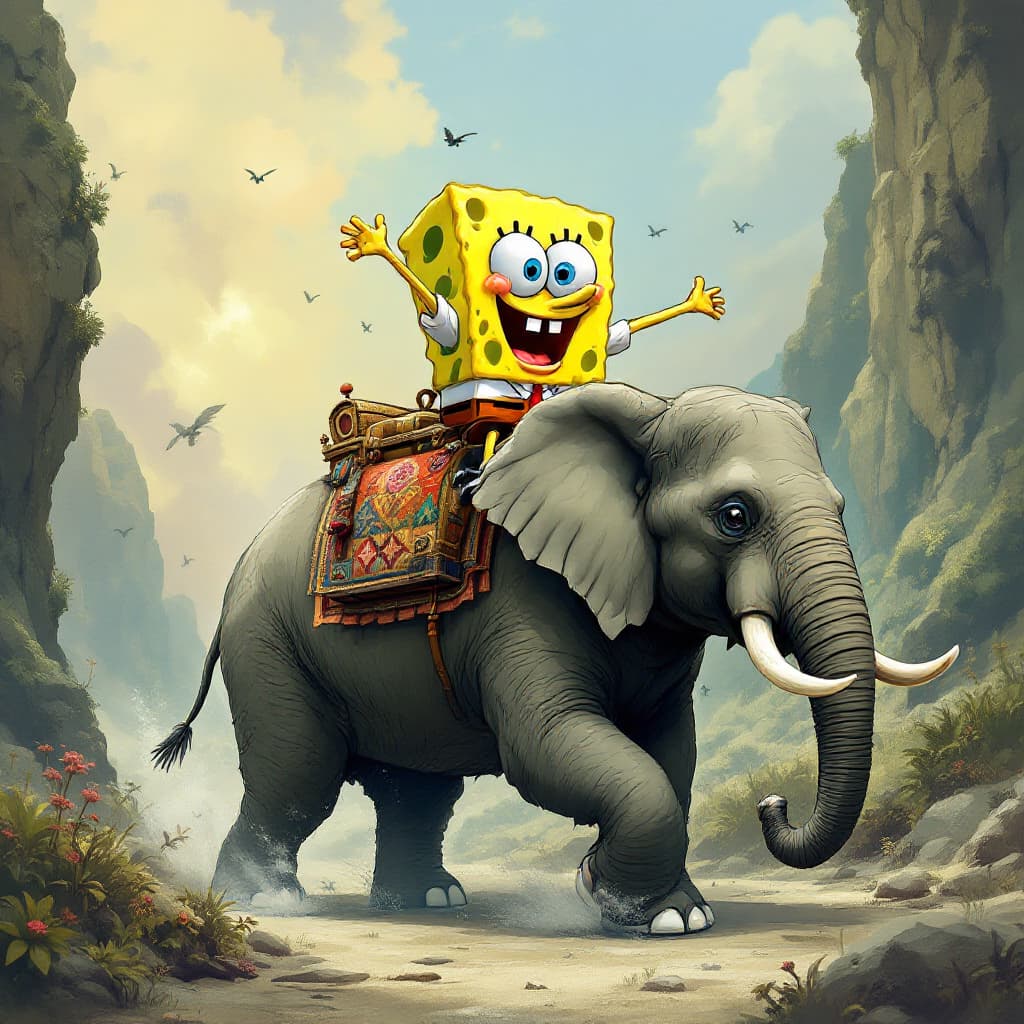 AI generated: SpongeBob riding an elephant 