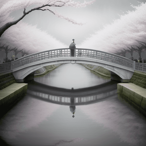 AI generated: two people walk the bridge under a large cherry blossom, in the style of atmospheric paintings, gray...