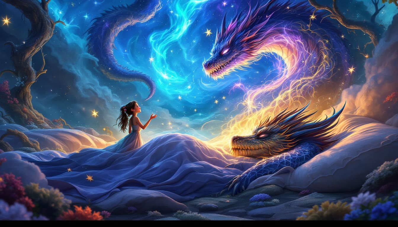 AI generated: enchanting scene depicting Aoife interacting with the dreams of a sleeping dragon, Pixar-inspired ar...