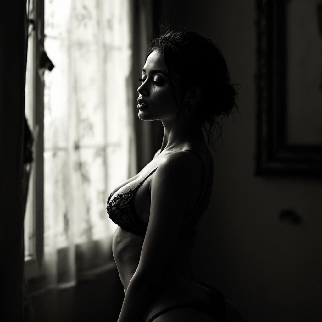 AI generated: a brasilian model, bent over with an arched back, facing away from the camera, wearing just a bra an...