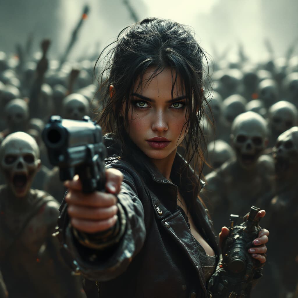 AI generated: a woman holding a gun in front of a crowd of zombies, trending on Artstation,  girl portrait, beeple...