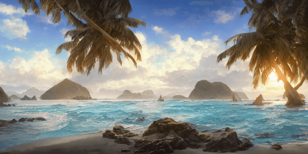 AI generated: ultra realistic illustration, a beach in Oceania with islands in the distance, tropical blue water i...