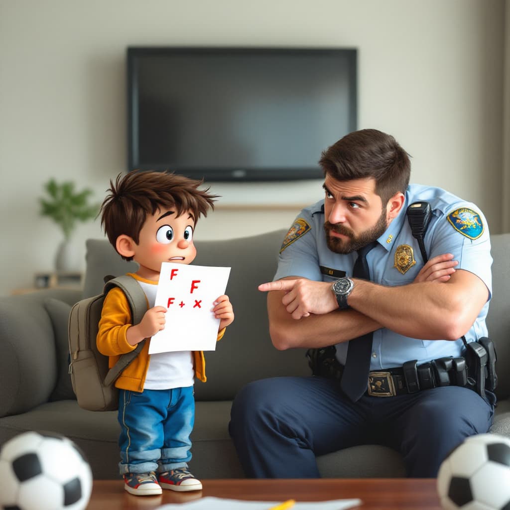 AI generated: A strict-looking policeman, wearing his uniform, sits on a couch with his arms crossed. His son, a m...
