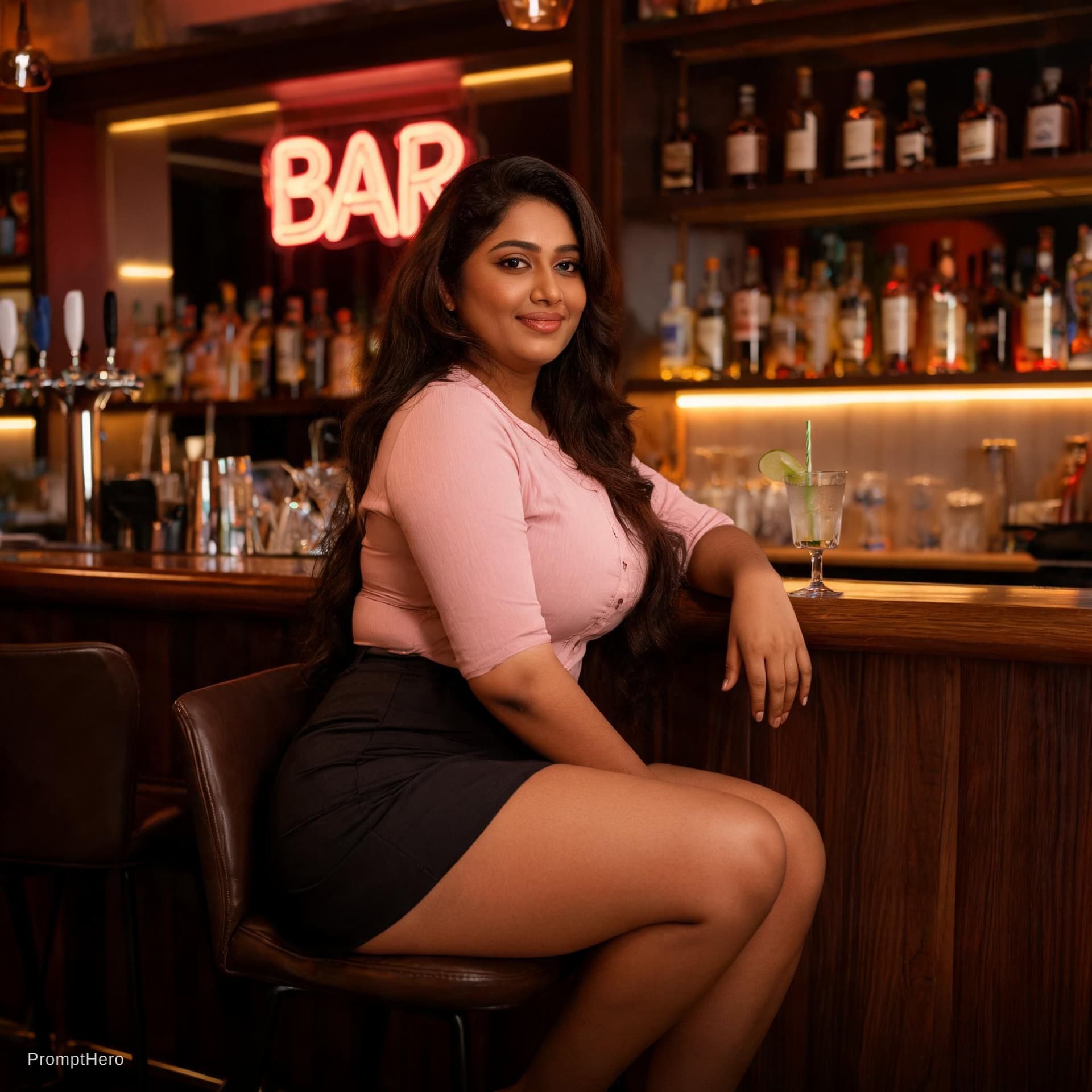 AI generated: curvy indian wearing mini skirt, sitting at bar
