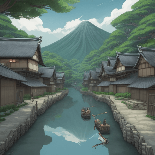 AI generated: (best-quality:0. 8), (best-quality:0. 8), perfect anime illustration, Japanese ninja village, studio...