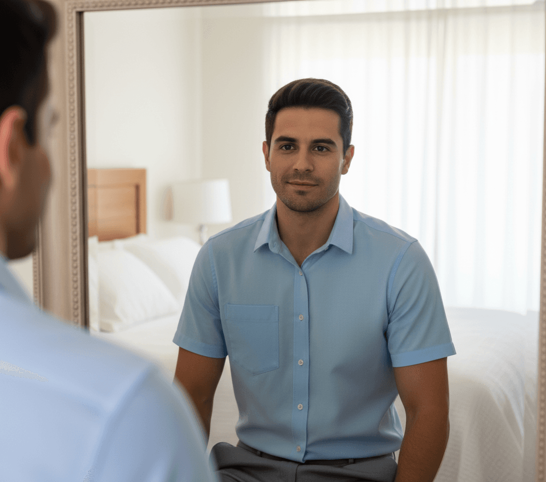 AI generated: In a bright bedroom. The Hispanic male is wearing a baby blue dress shirt short sleeve, gray shorts....