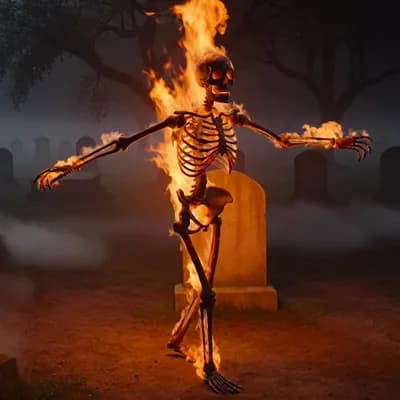 AI generated video: burning skeletton is dancing on a graveyard