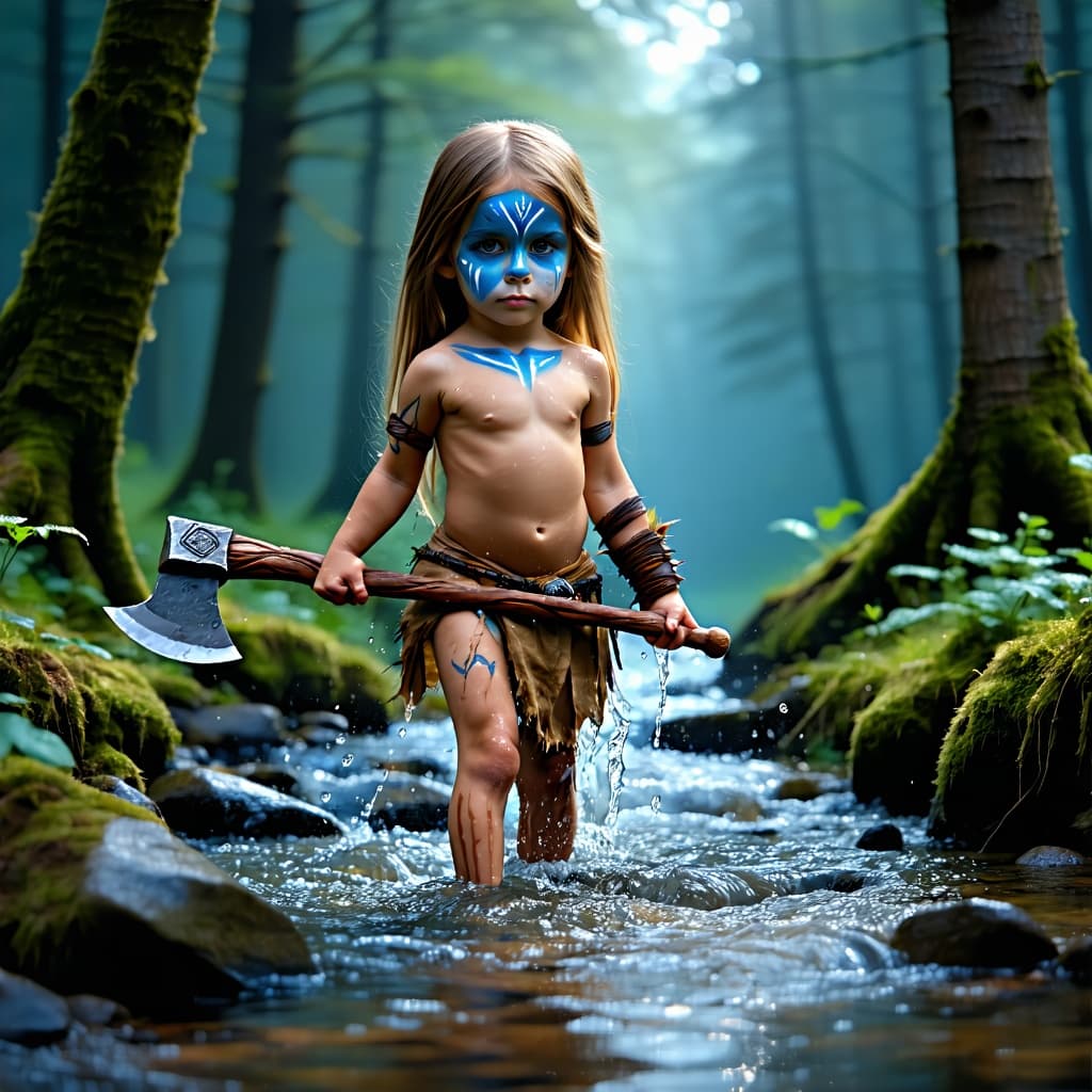 AI generated: Full body shot of a beautiful little girl barbarian warrior wearing blue face paint and loincloth, h...