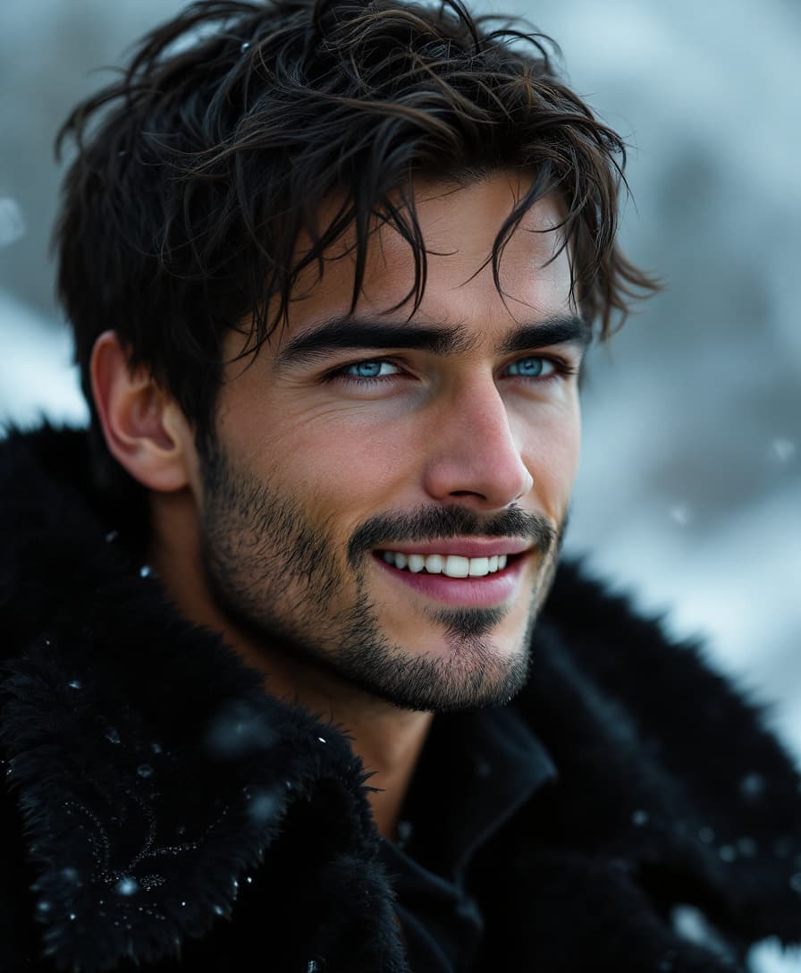 AI generated:  A raw, ultra-realistic cinematic scene of a handsome clean-shaven man fain smile with a sharp, defi...