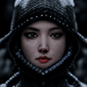 AI generated: cinematic portrait, dark theme, frost, future, snow, ice, sharp photo focus, street, symmetrical fac...