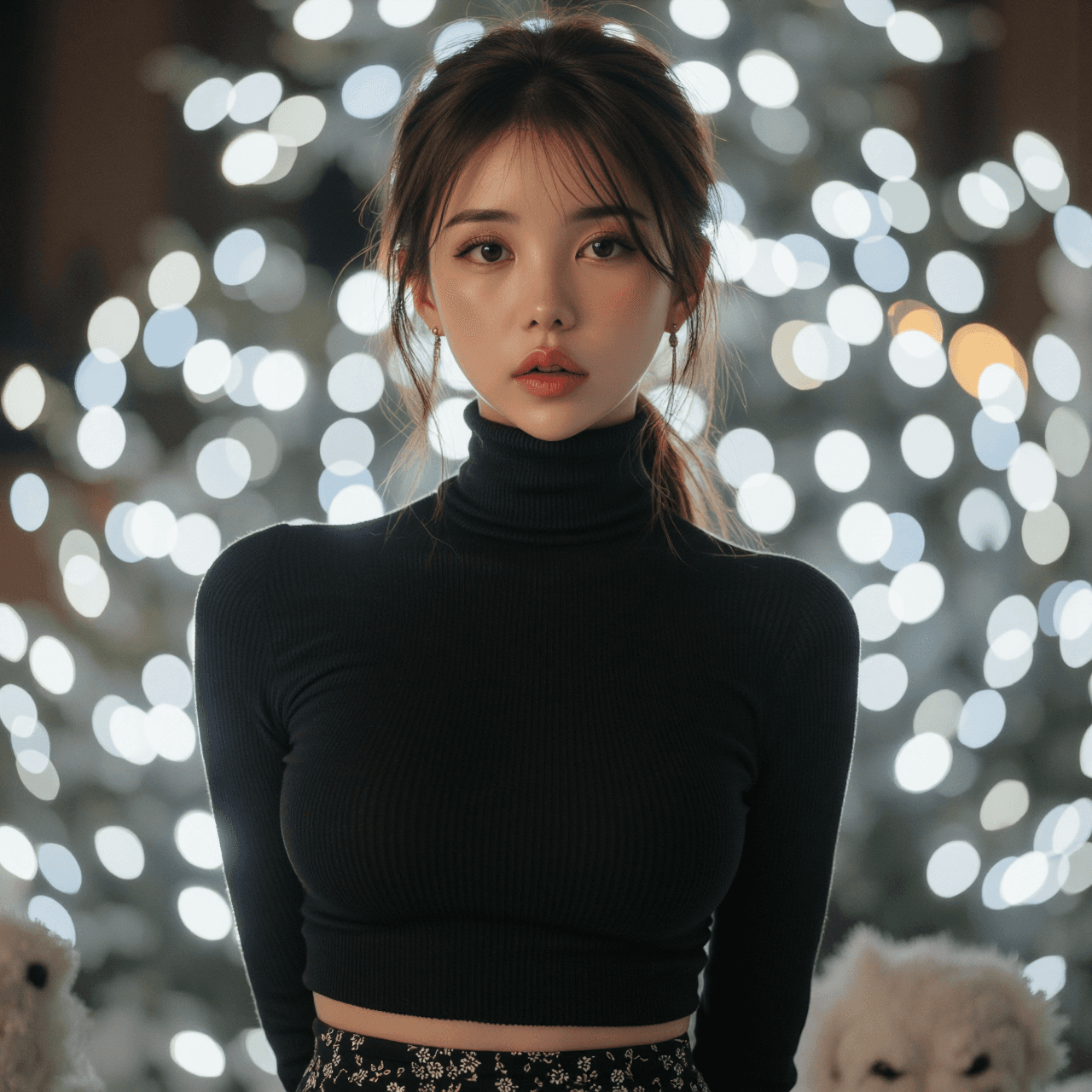 AI generated: A highly-detailed, photorealistic medium-shot portrait of a stunning young East Asian woman standing...