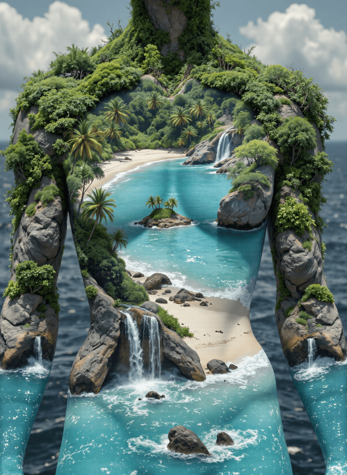 AI generated: The image is a representation of a human torso that seamlessly transitions into a lush tropical land...