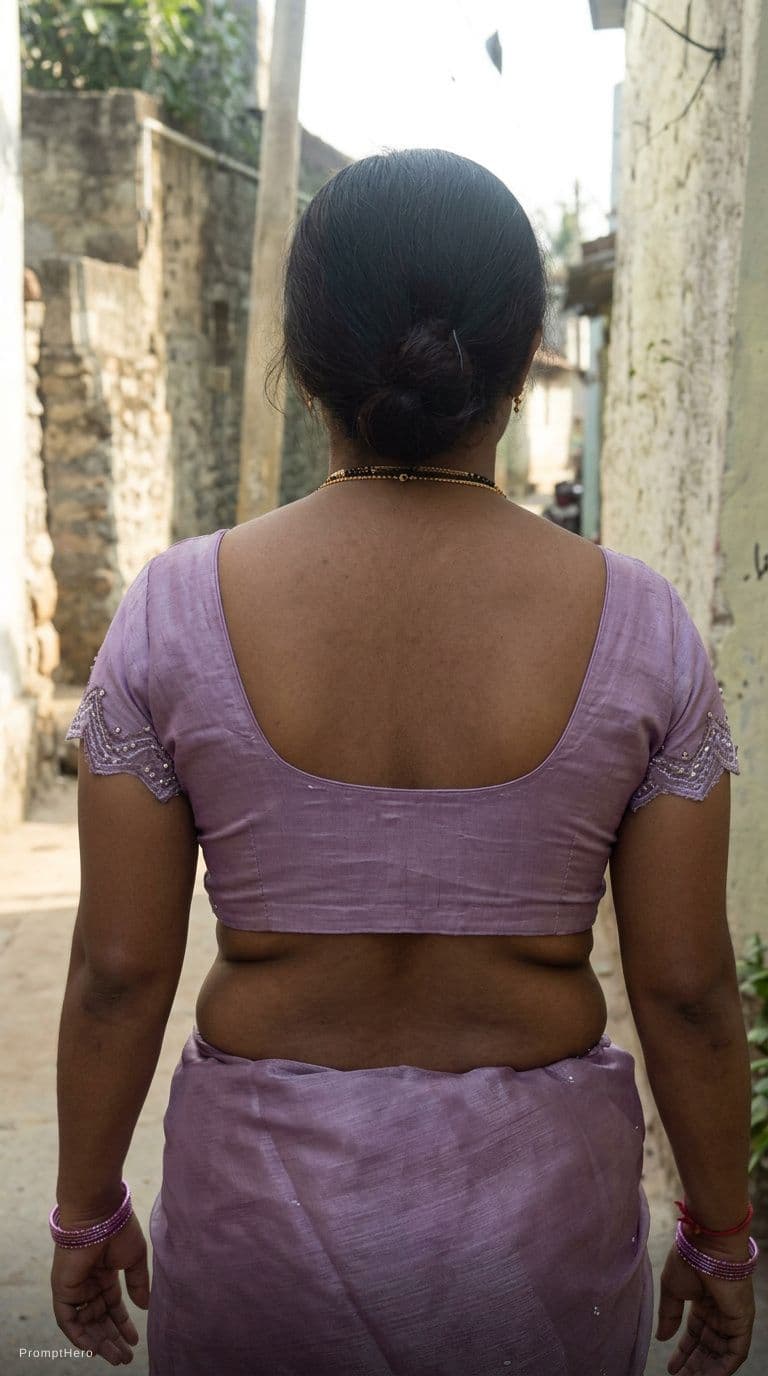 AI generated: Aunty in her blouse only with big body and back.
