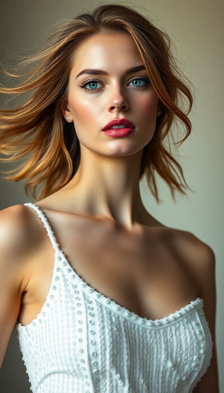 AI generated: "High resolution, full-body, vertical portrait. Fair skin supermodel, early 20s, voluminous windswep...
