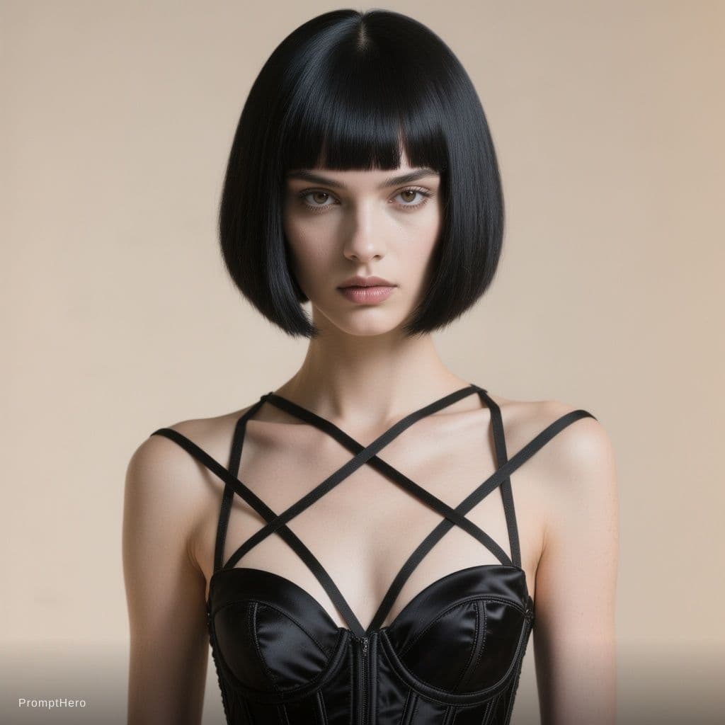 AI generated: A high-fashion editorial studio photograph of a model with a sharp, geometric jet-black bob and blun...