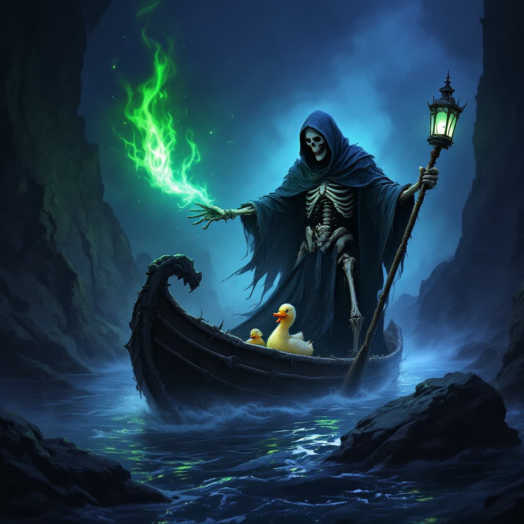 AI generated: Grim Reaper, green lights, blue flames, souls and ghosts, styx, stands in a nautical-themed underwor...