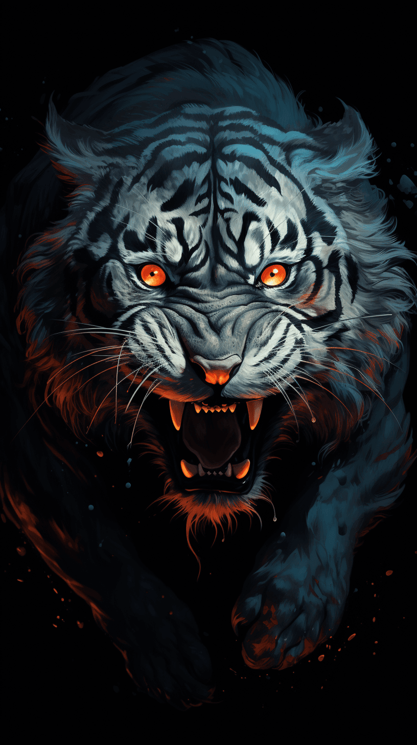 AI generated: a white tiger with red eyes, in the style of nightmarish illustrations, dark gray and orange, backli...