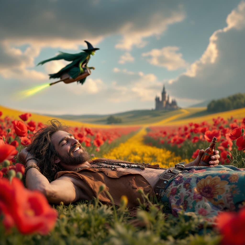 AI generated: a totally wasted  hippie with a dopey grin partly closed eyes is  in a field of poppies laying prone...