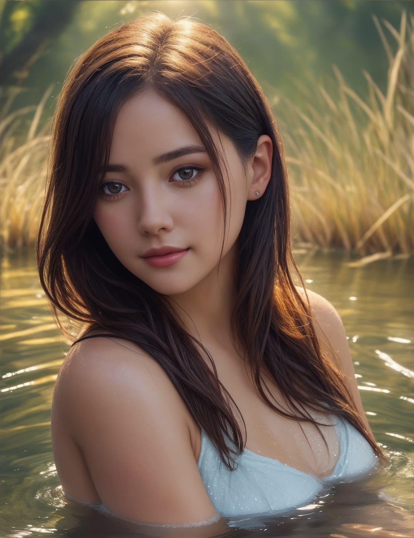 AI generated: close up portrait of a cute woman (gldot) bathing in a river, reeds, (backlighting), realistic, mast...