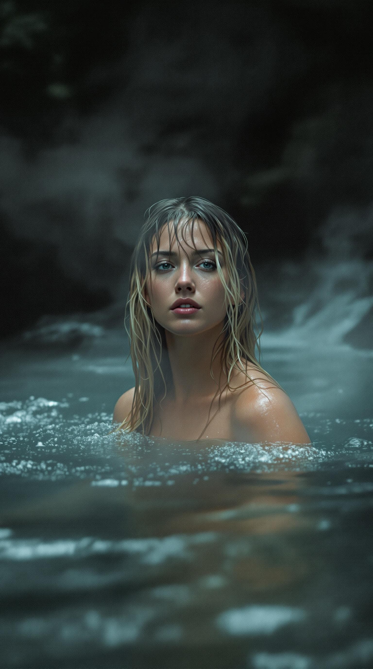 AI generated: hot spring in a river flow, steam rises from the water, a woman with long wet blonde hair swims in t...