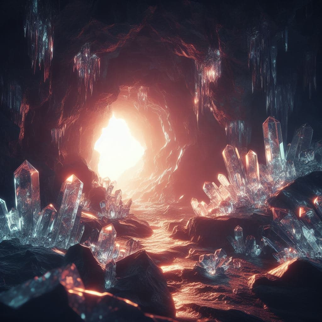AI generated: A glowing crystal cave, volumetric lighting, f:1. 2, 4k