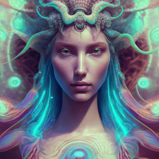 AI generated: Goddess close-up portrait ribcagel. jellyfish phoenix head, nautilus, orchid, skull, betta fish, bio...