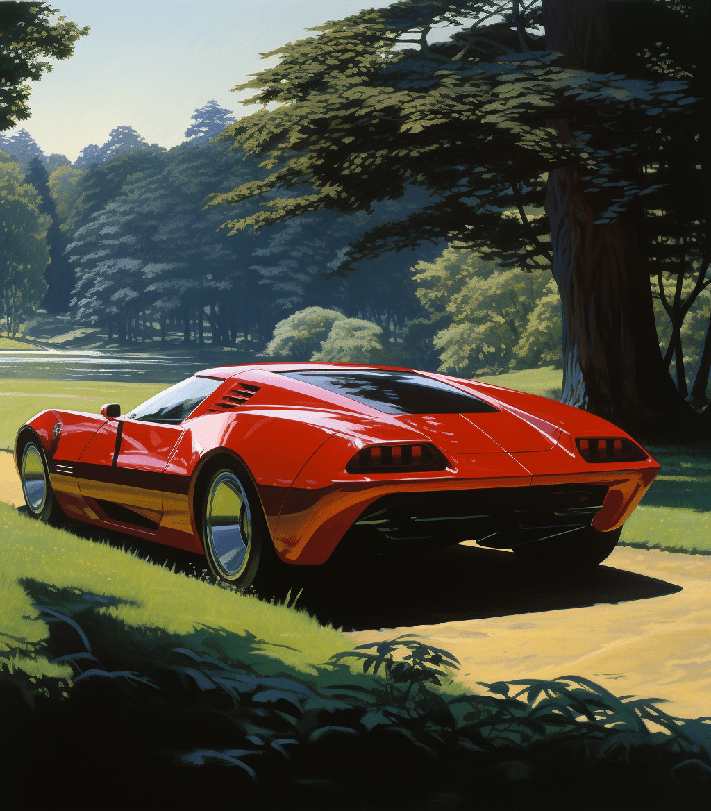 AI generated: A red 2034 corvette concept car with wide body, high angle shot, grassy field, shadow of trees in ba...
