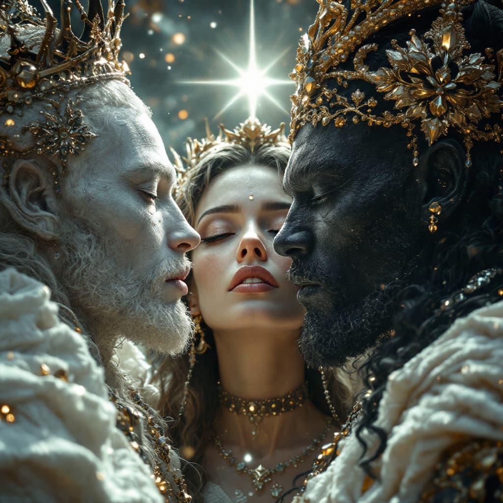 AI generated: TRES REYES UNO PIEL BLANCA OTRO DE PIEL MORENA Y EL OTRO PIEL NEGRA INCADOS BAJO UNA GRAN ESTRELLA ,...