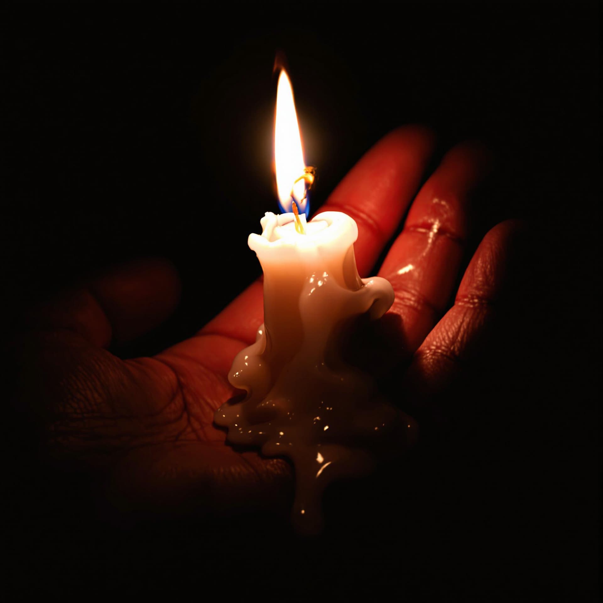 AI generated: The image depicts a hand holding a lit candle, with wax dripping down the fingers. The candle is the...