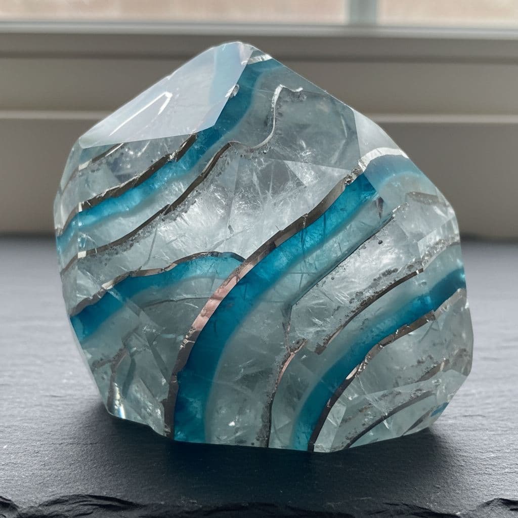 AI generated: Crystal clear crystal layered with light blue shaded silver veins running throughout it 