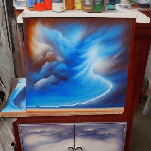 AI generated: AIR BRUSH PAINTING A KITCHEN CABINET, THE PAINT LOOKS BLUE IN THE AIR.
