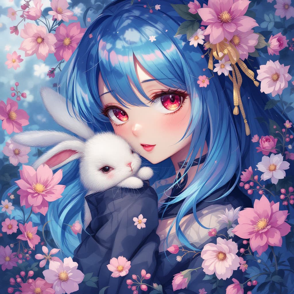 AI generated: rabbit human girl, blue hair, red eye, cute, background flowers, anime style 