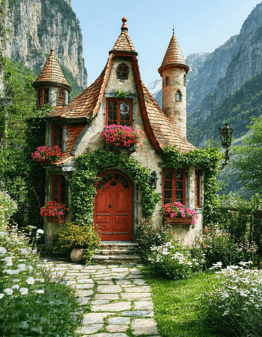 AI generated: 
The image depicts a picturesque scene of a whimsical house nestled amidst lush greenery and toweri...