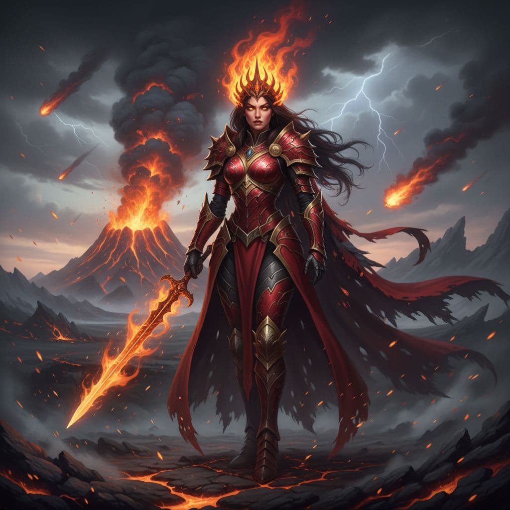 AI generated: queen of fire character, a crown made of flames, photorealistic, epic, dramatic lighting