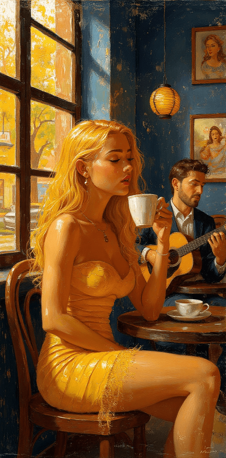 AI generated: a painting of a blond woman sitting near a window,in the blue coffee shop,, drinking, a man playing ...
