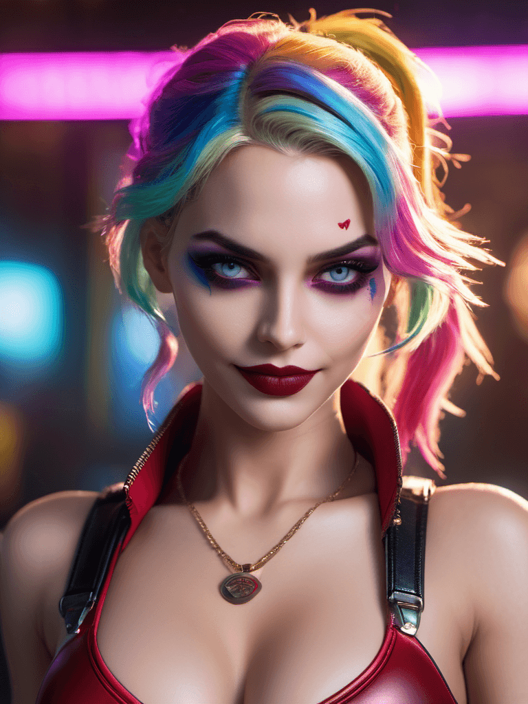 AI generated: full body:1.5, Cyberpunk Harley Quinn, Evil attitude, cold stare, (neon Gotham City):1.5, ((masterpi...
