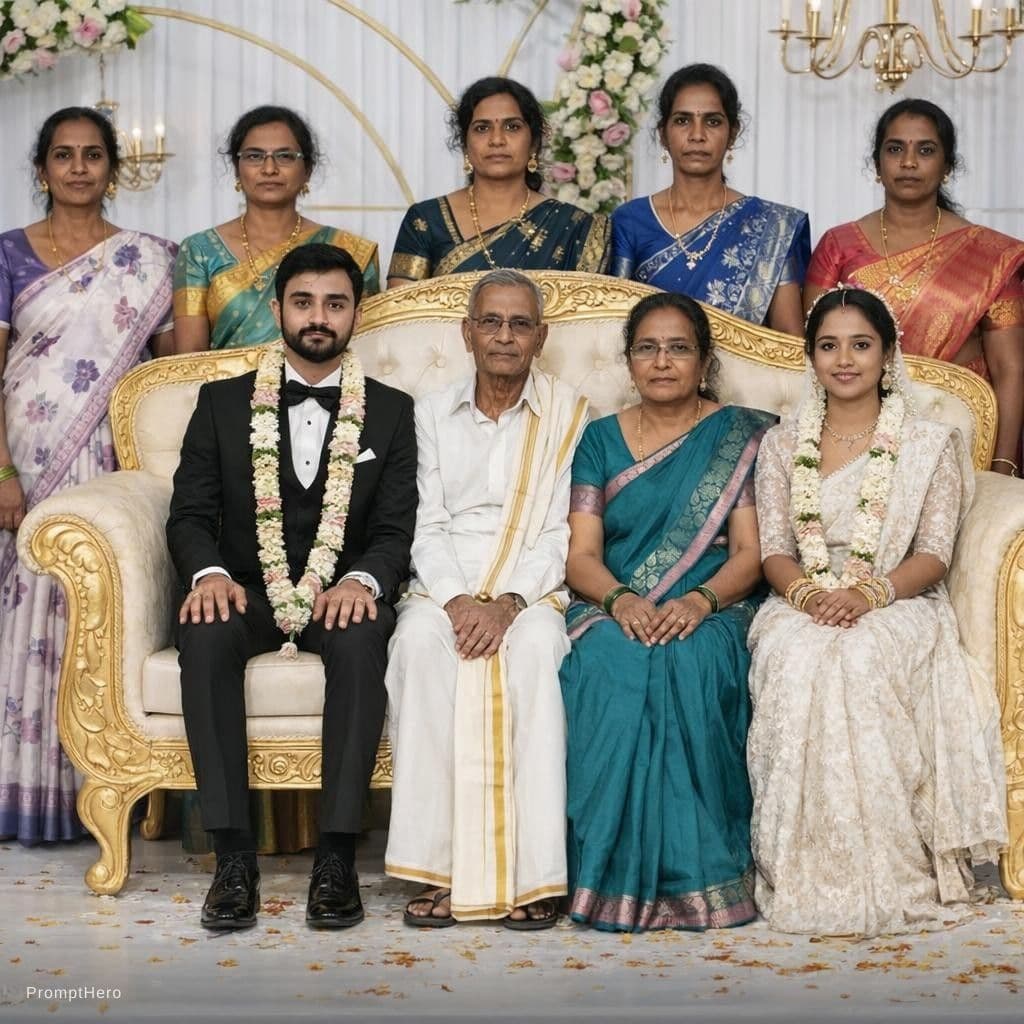 AI generated: Ultra-realistic Indian wedding family portrait.

Scene: A beautifully decorated wedding stage with a...