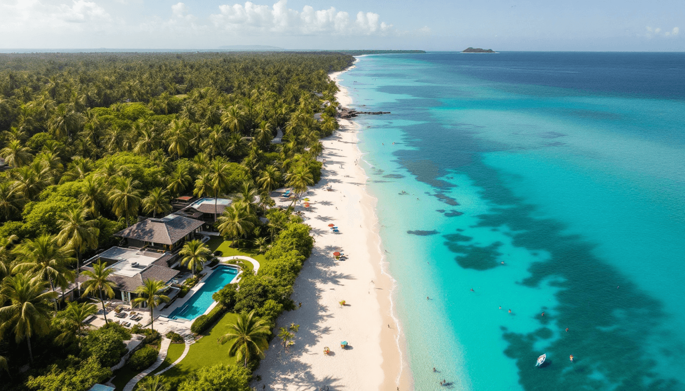 AI generated: An aerial view of a tropical seaside luxurious beach house, surrounded by lush palm trees and dense ...