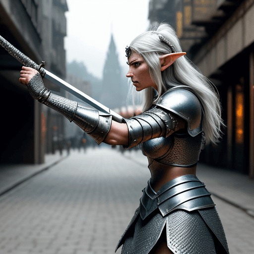 AI generated: Elf, warrior woman in chainmail armour weilding a flaming sword. She is a fierce warrior on the batt...