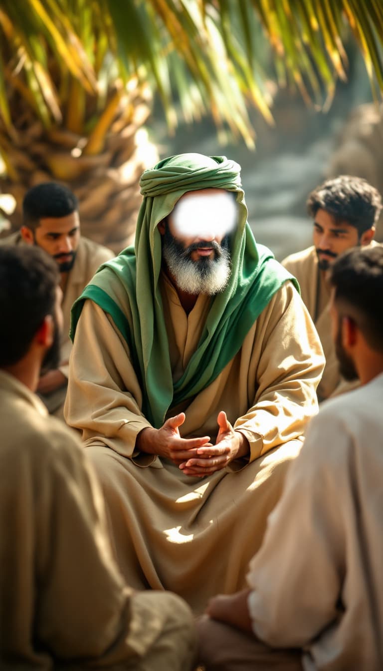 AI generated: 3. Medium Shot - High Angle - Wisdom in Counsel
English: Imam Ali, wearing a long light brown robe w...