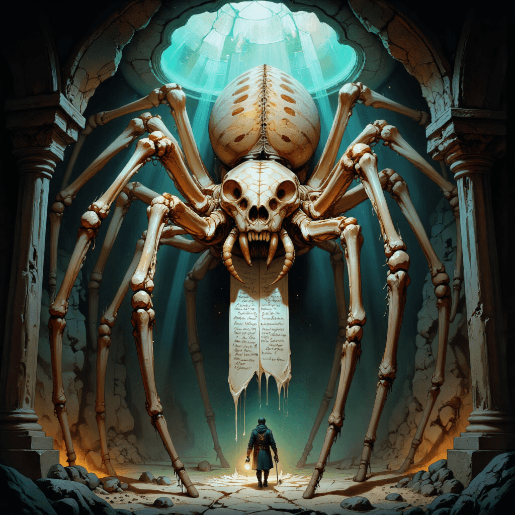 AI generated: (Primary Subject: Gigantic Bone-Crafted Spider-God in Subterranean Temple, 1.7 weight) — far below t...